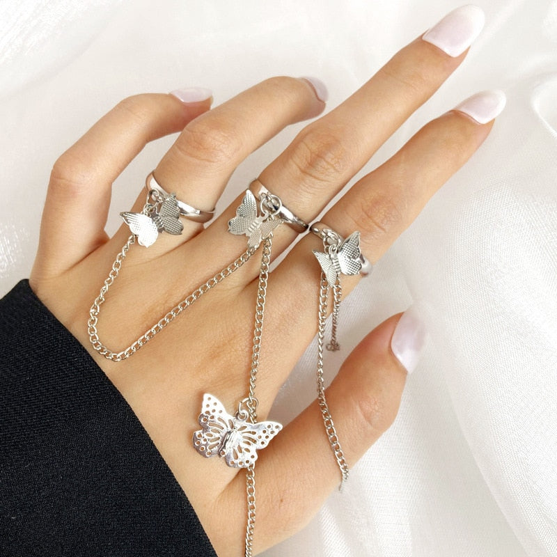 LATS Punk Silver Color Chain Wrist Bracelet Rings for Women Men Charm Set Couple Emo Detachable Ring 2022 Fashion Jewelry Gift